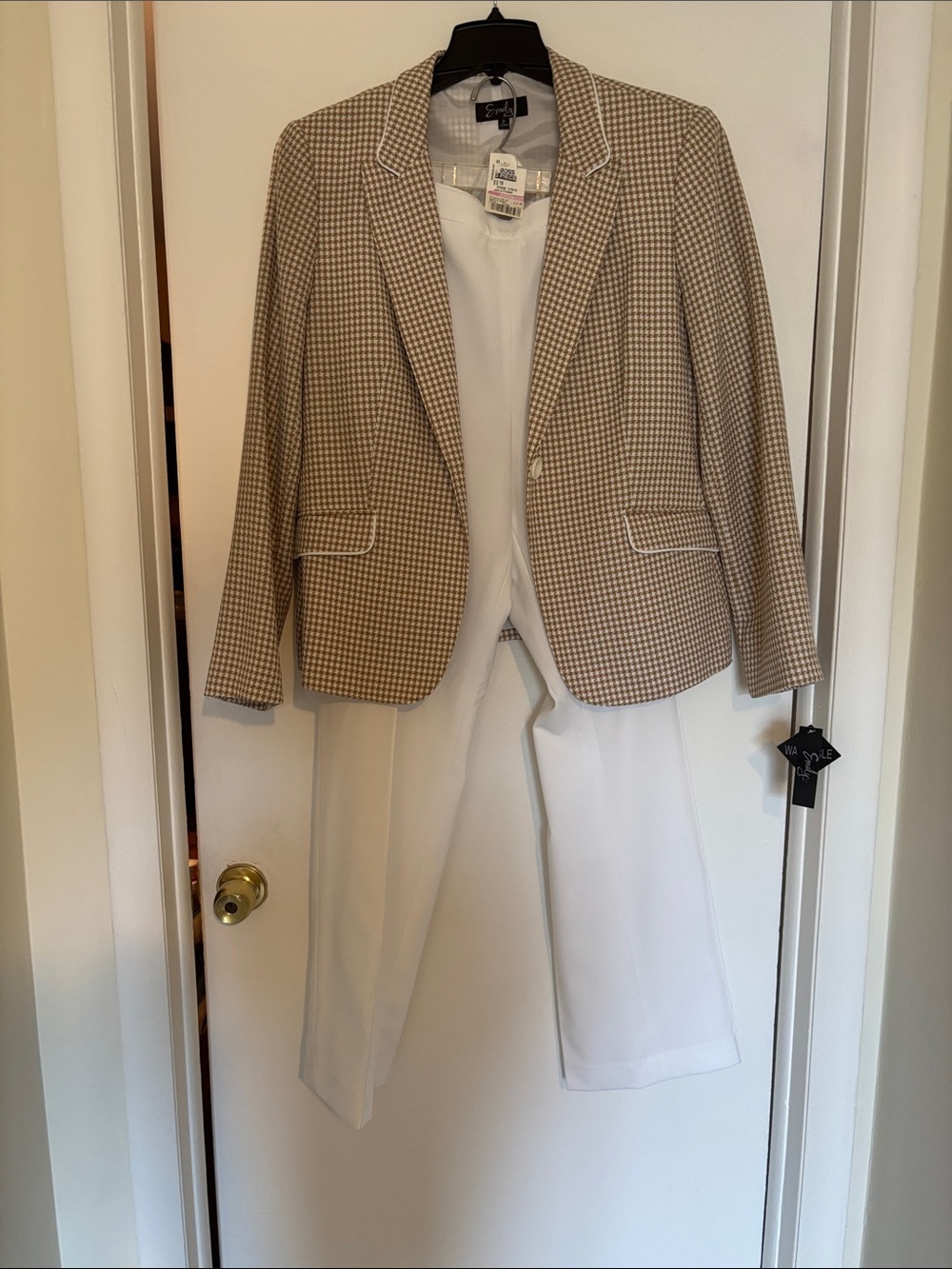 Worthington Beige Houndstooth Blazer with White Pantsuit